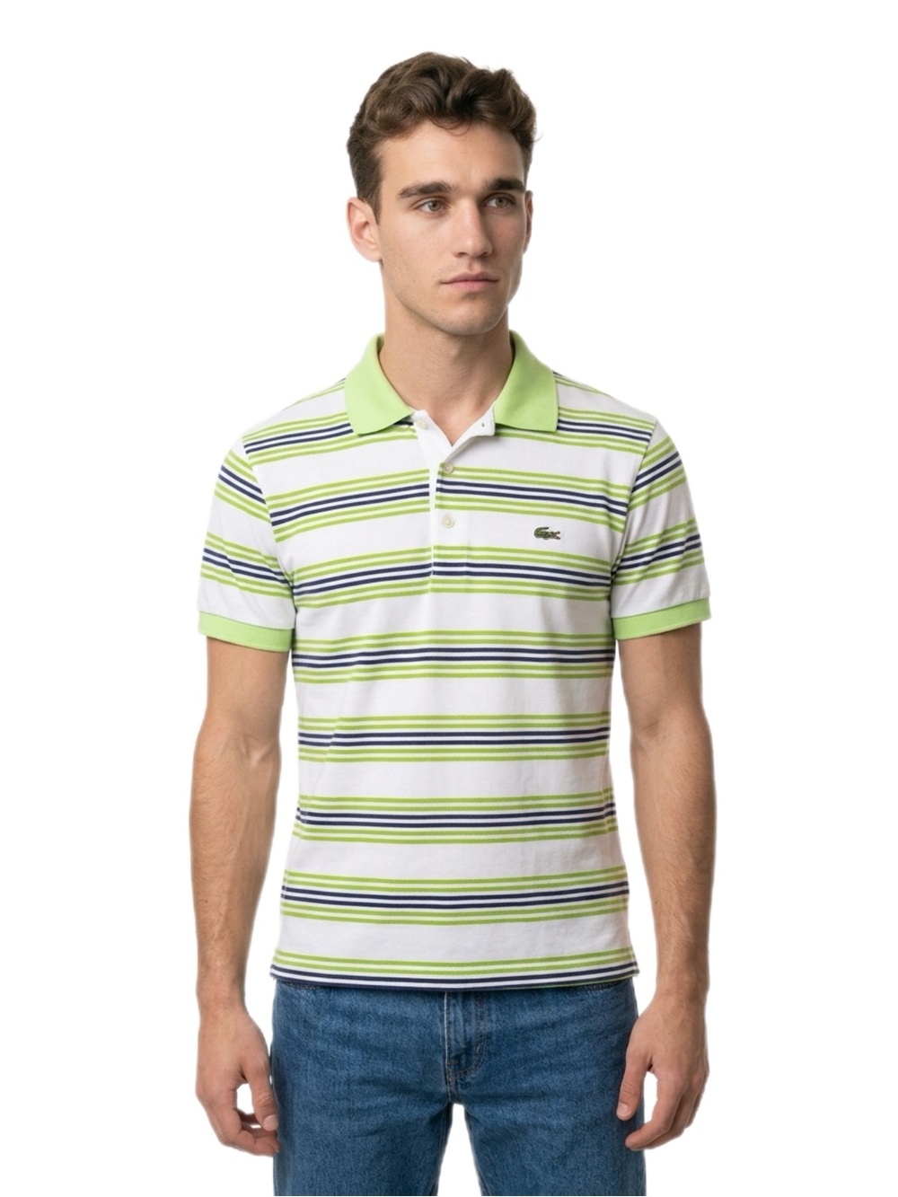 Lacoste Men’s Striped Polo Shirt White Green Blue Cotton Size 5 France
